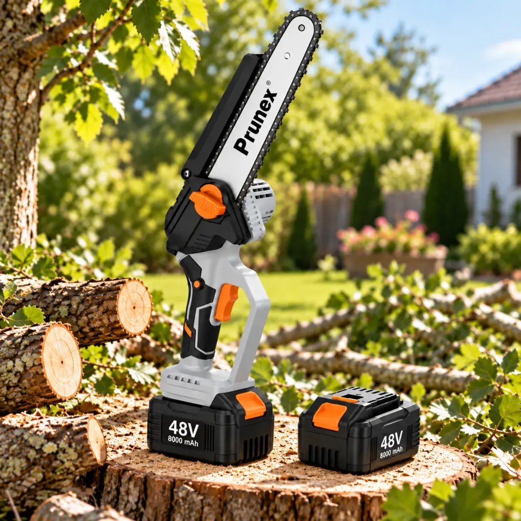 Prunex™ motosega a batteria 48V 8000 mAh su ceppo in giardino con batteria di ricambio