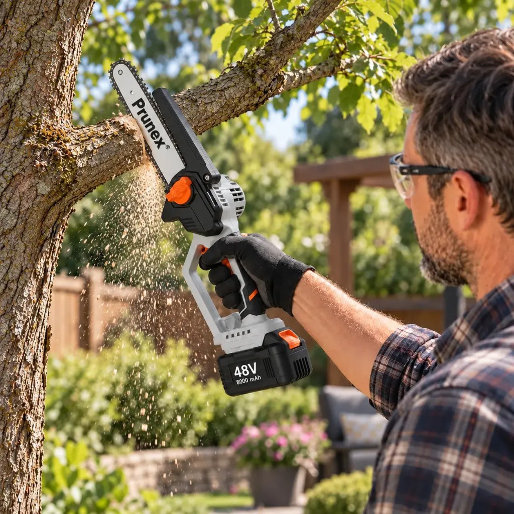 Uomo che taglia un ramo con Prunex™ a una mano — leggera 700 g