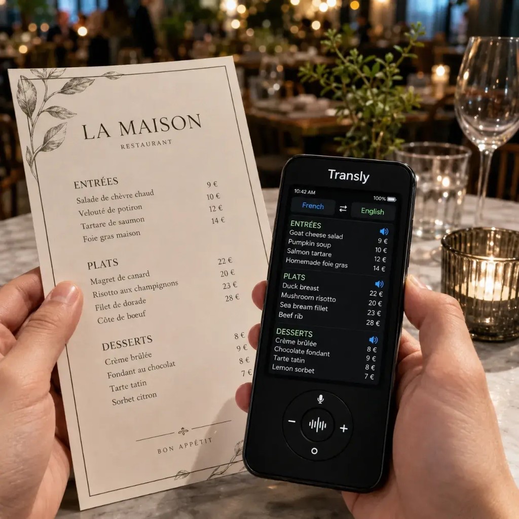 Transly translating a restaurant menu with the camera