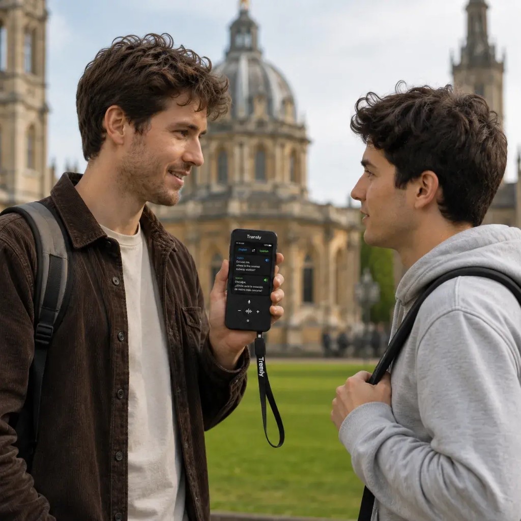 Transly helping travelers communicate on a city street