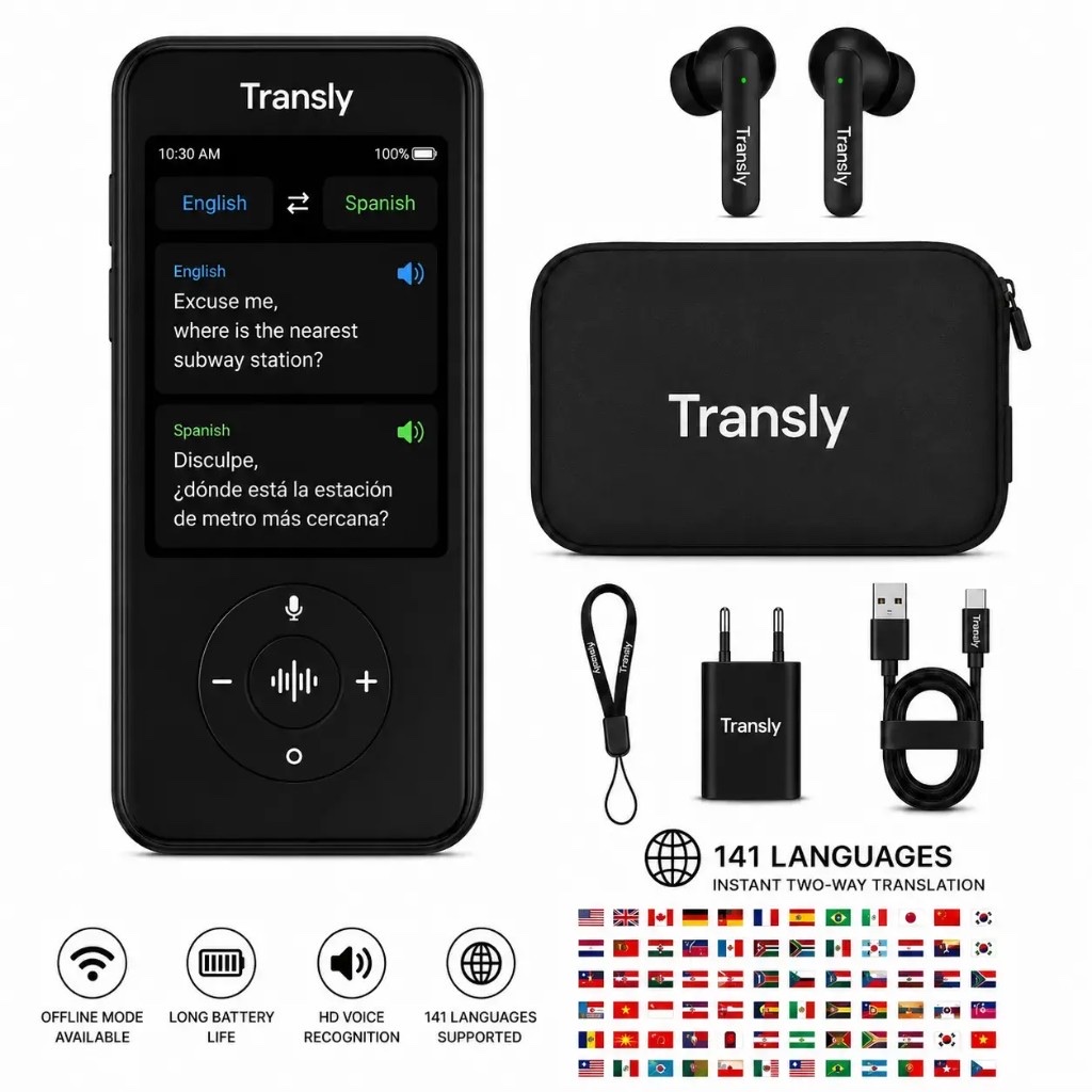 Complete Transly AI translator kit with earbuds and case