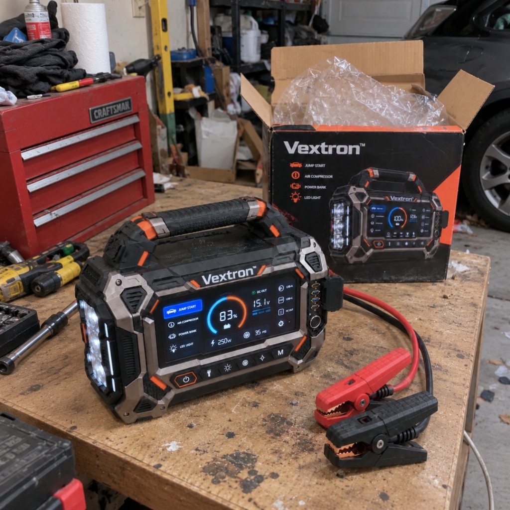 Avviatore con confezione e accessori in garage